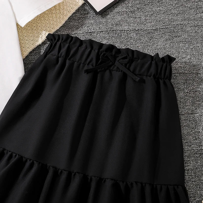 Trendy Girls Sets Solid Color Sets White Bow-knot T-shirt & Black Maxi Skirt 2 Pcs Korean Style Cute Sets Girls Suits