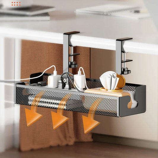 No Drilling  Under Desk Cable Management With Clamp Retractable Power Strip Cord Holder