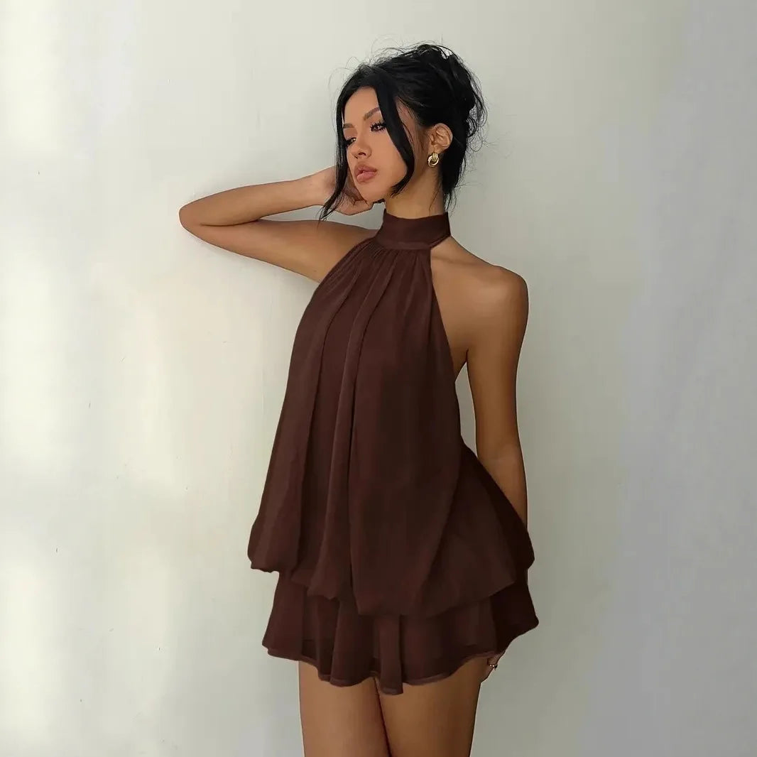 Halter Neck Backless Tie Mini Dress