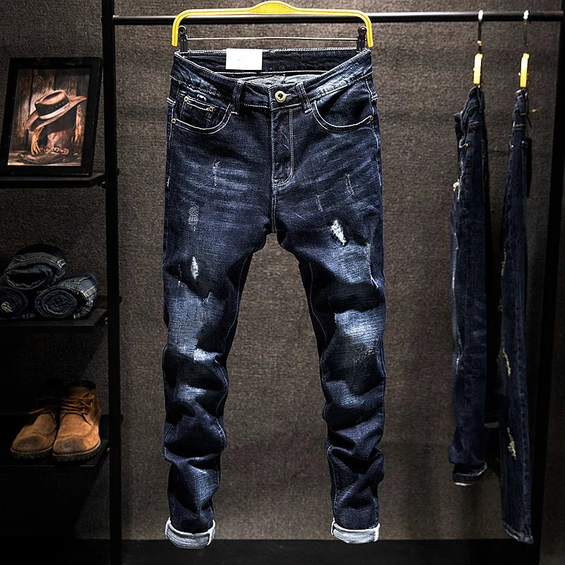 Elastic Straight Jeans Men Ripped Worn-out Slim-fit