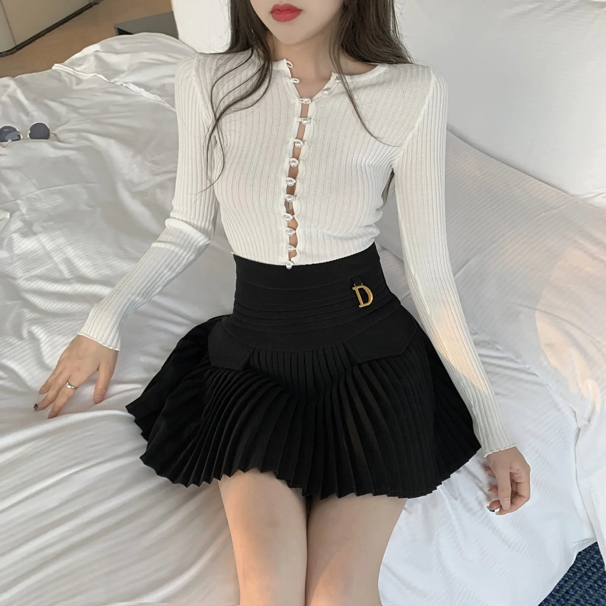 White Pleated Skirts High Waist Mini Metal Letter D A-Line