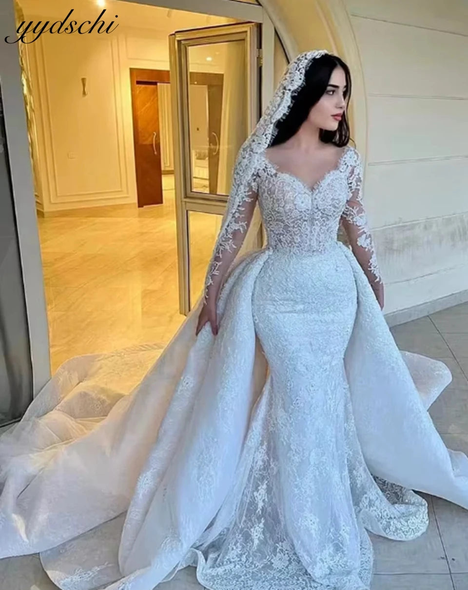 Mermaid Wedding Dresses Lace Appliques Full Sleeves