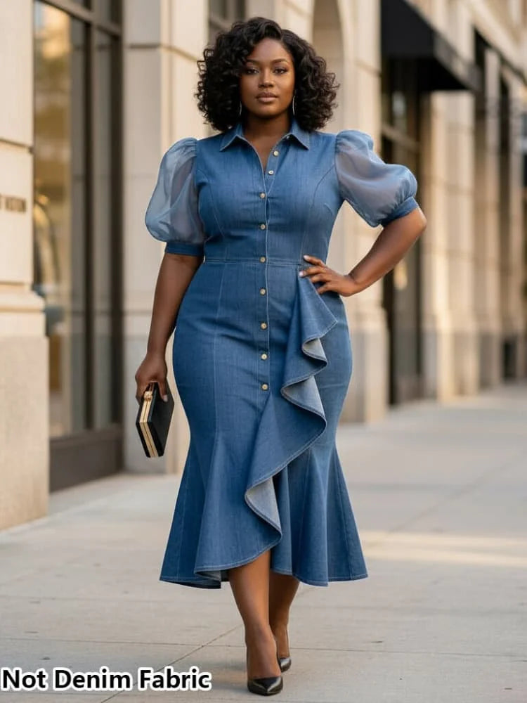Plus Size Shirt Collar Puff Sleeve Button Decor Ruffle Midi Dress For Women Office Business Mermaid Bodycon Dress