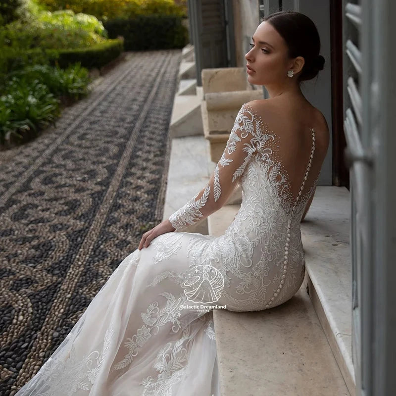 Galactic Wedding Dresses Illusion Backless Full Sleeves Lace Appliqued Crystal White