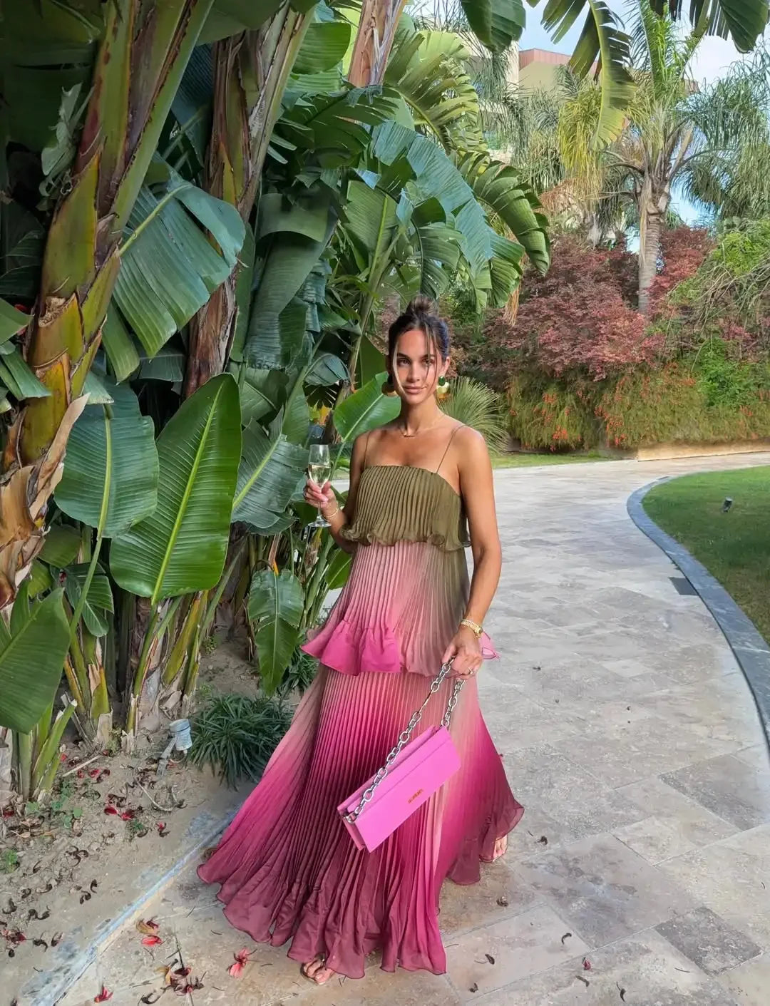 Multicolored Pleated  Maxi Dress  Spaghetti Strap Ruffle Tiered Flowy