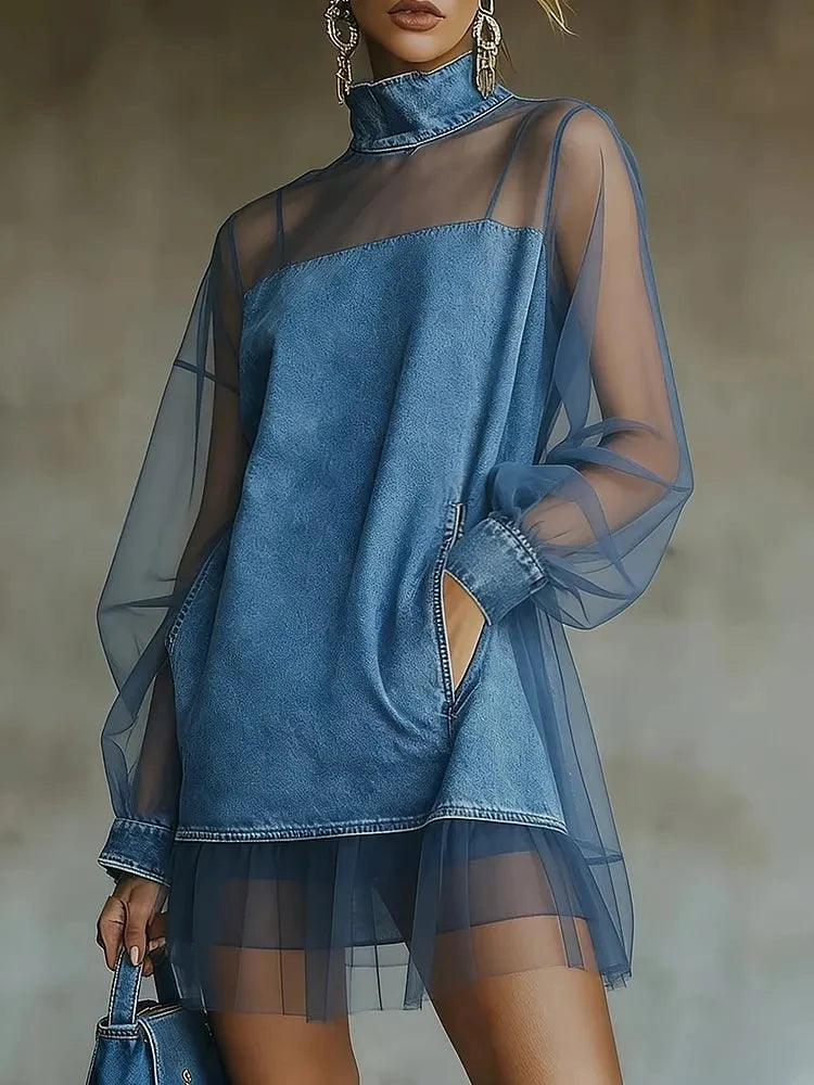 Denim Mini Dress Turtleneck Tulle Patchwork Long Sleeve