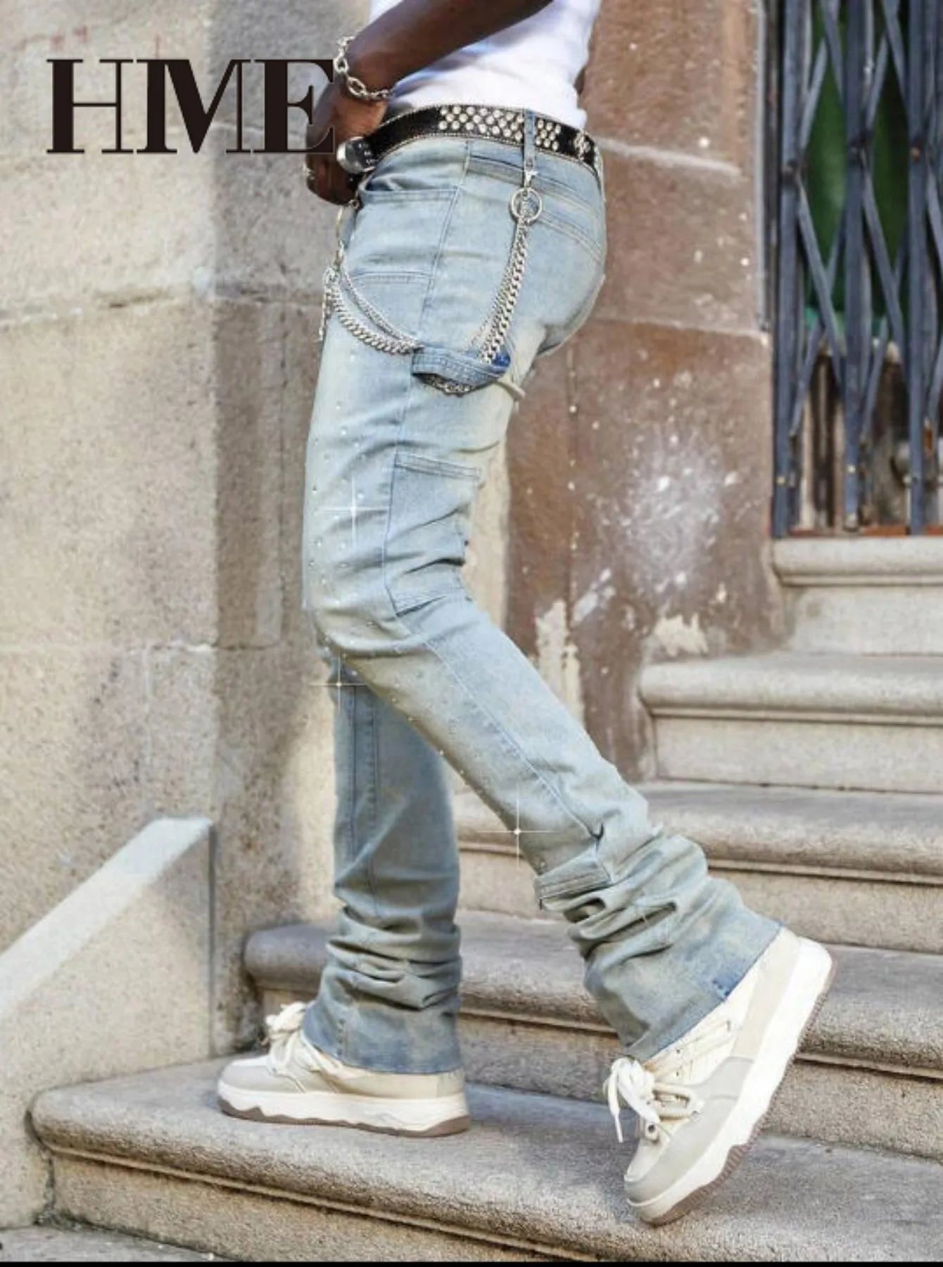【HME】Men's jeans | Rhinestone Embellished Stacked Flare Denim pants for men, light vintage washed denim trousers with full‑body hot‑fix rhinestones, contrast stitching, multi‑pocket construction fashion streetwear m