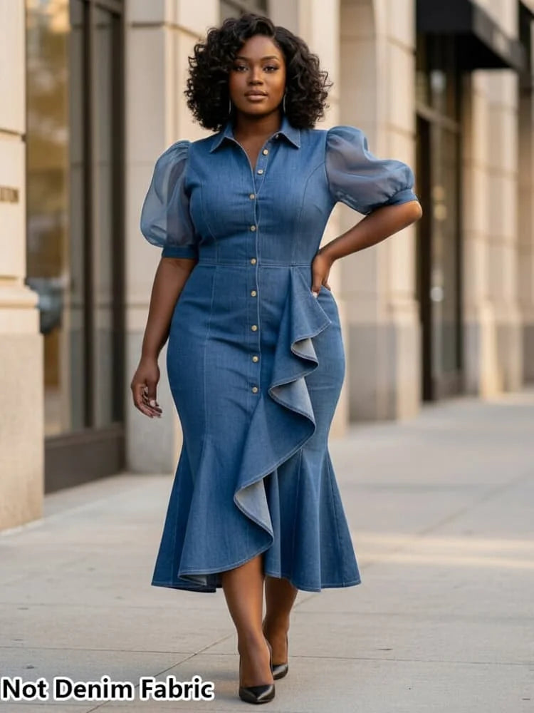 Plus Size Shirt Collar Puff Sleeve Button Decor Ruffle Midi Dress For Women Office Business Mermaid Bodycon Dress