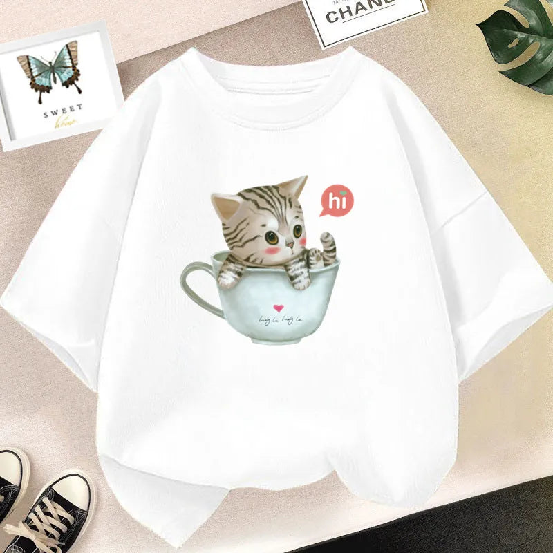 Cat Girls T Shirt Clothes Girls Animal Children T-Shirt Kids Summer Cat Lively Cute Funny Baby T Shirts Tops 2023