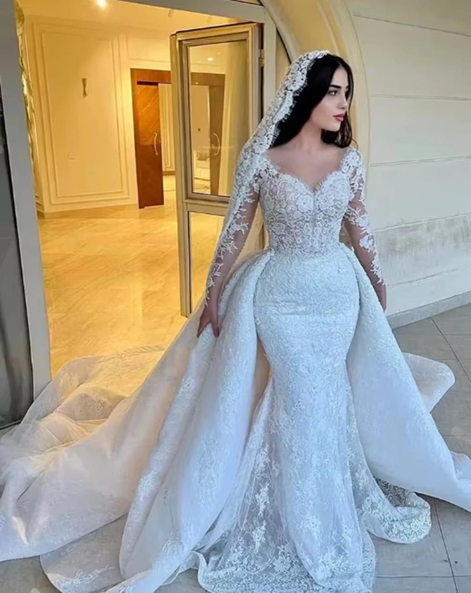 Mermaid Wedding Dresses Lace Appliques Full Sleeves