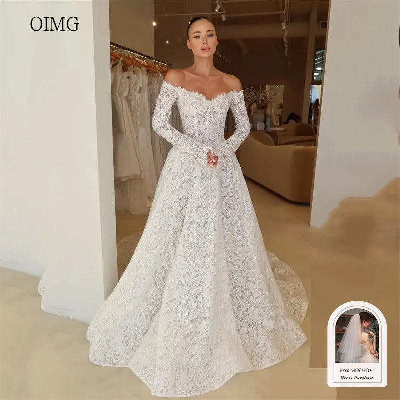 Lace Off The Shoulder A Line Wedding Dress Backless