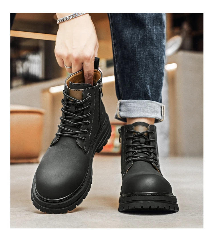 New autumn and winter men's boots rain boots high-top fashion side zipper motorcycle boots men's outdoor warm booties lacing 46