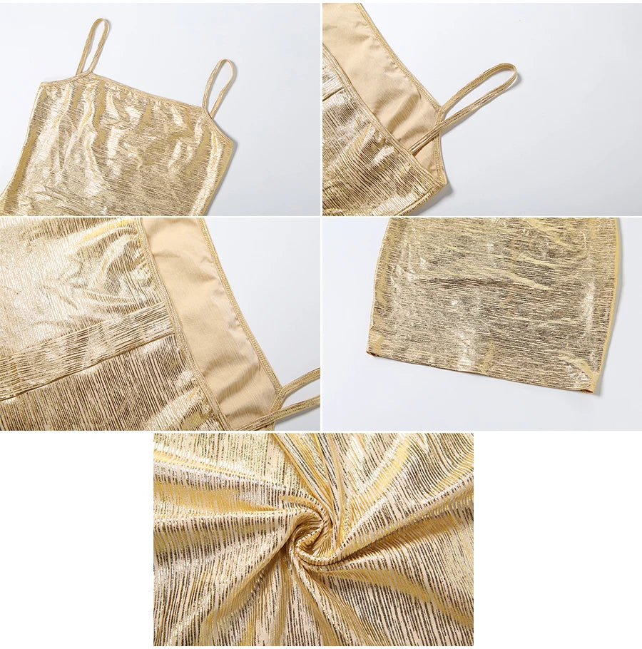 Shiny Gold Sling Dress  Low-Neck Backless Sleeveless