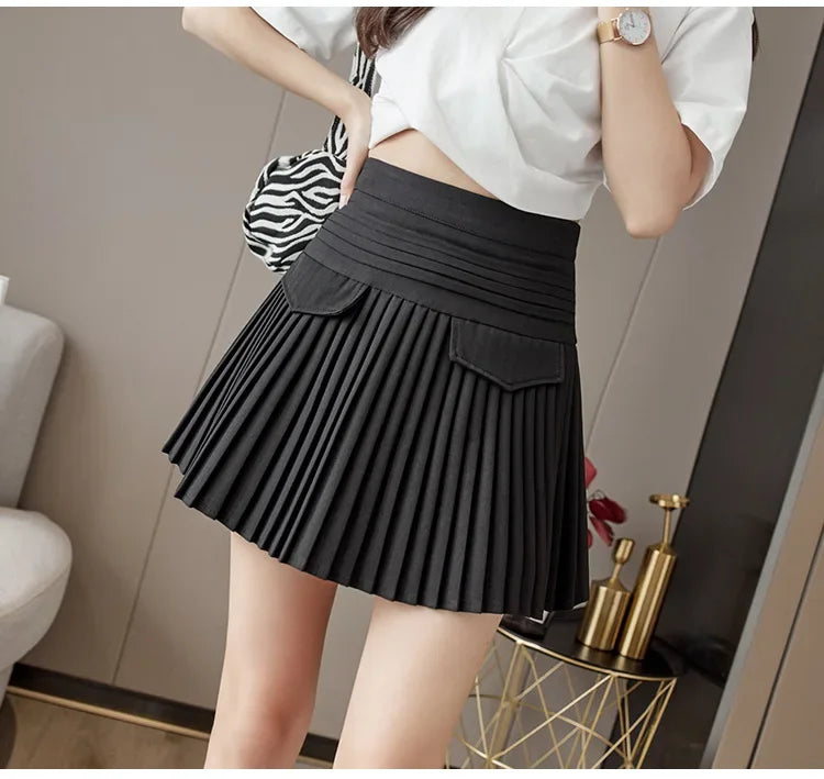 White Pleated Skirts High Waist Mini Metal Letter D A-Line