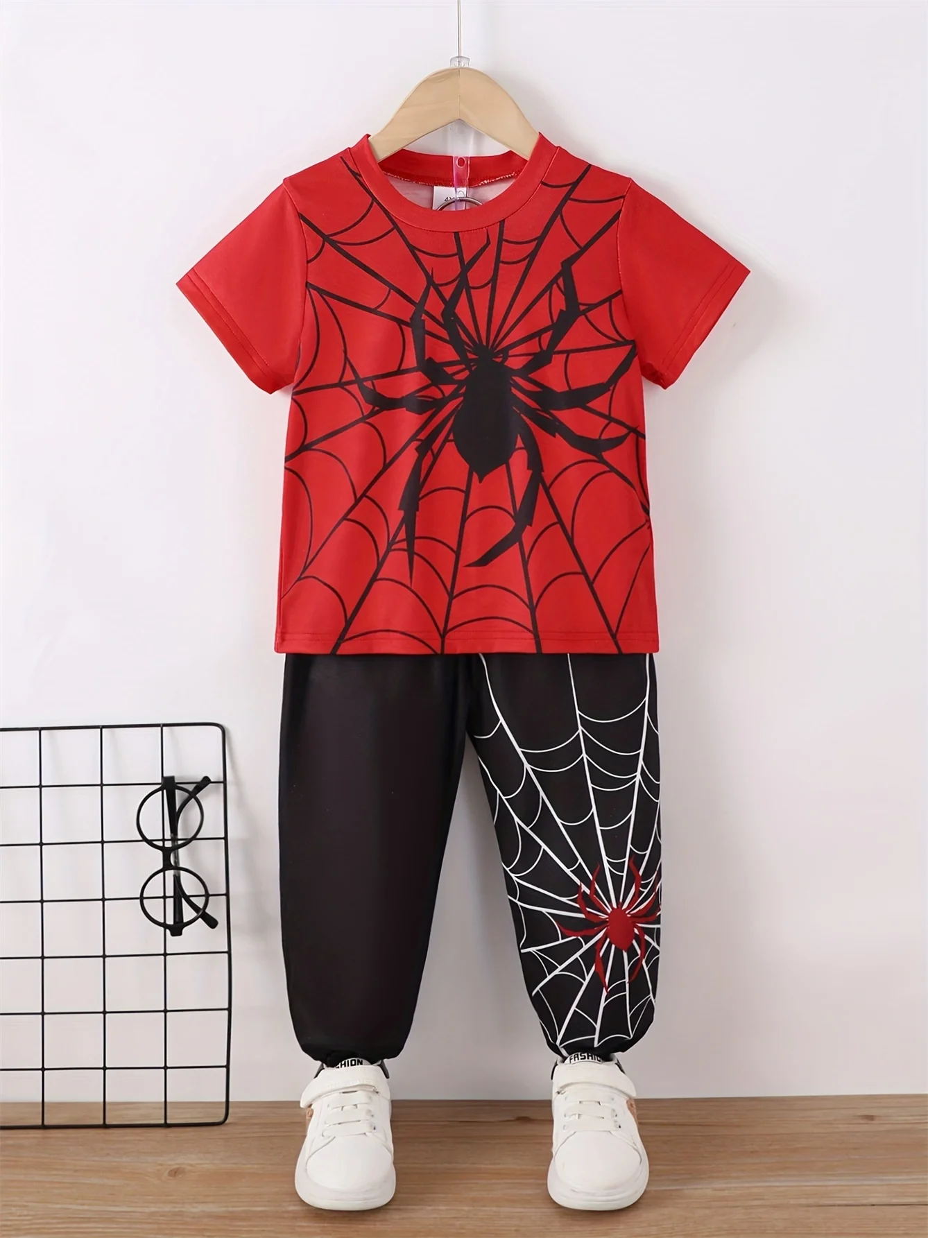 Summer Cool Boys Short Sleeves Spider Prints Two-Piece Leisure Suit For 4-7 Years Old Kids