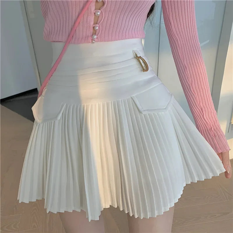 White Pleated Skirts High Waist Mini Metal Letter D A-Line