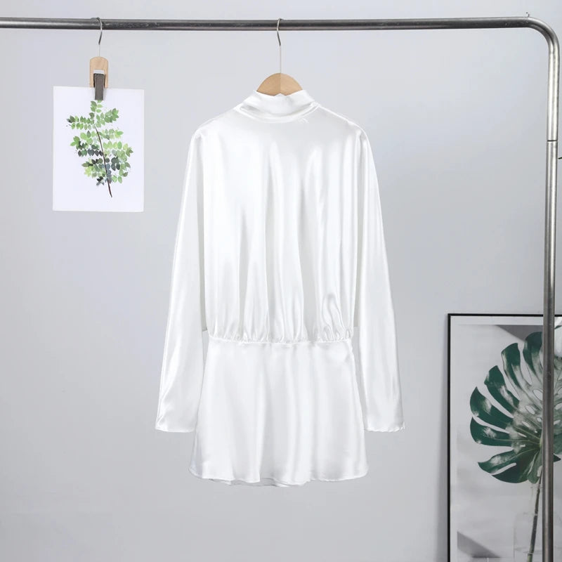 Satin Mini Dress  Scarf Collar Batwing Sleeve