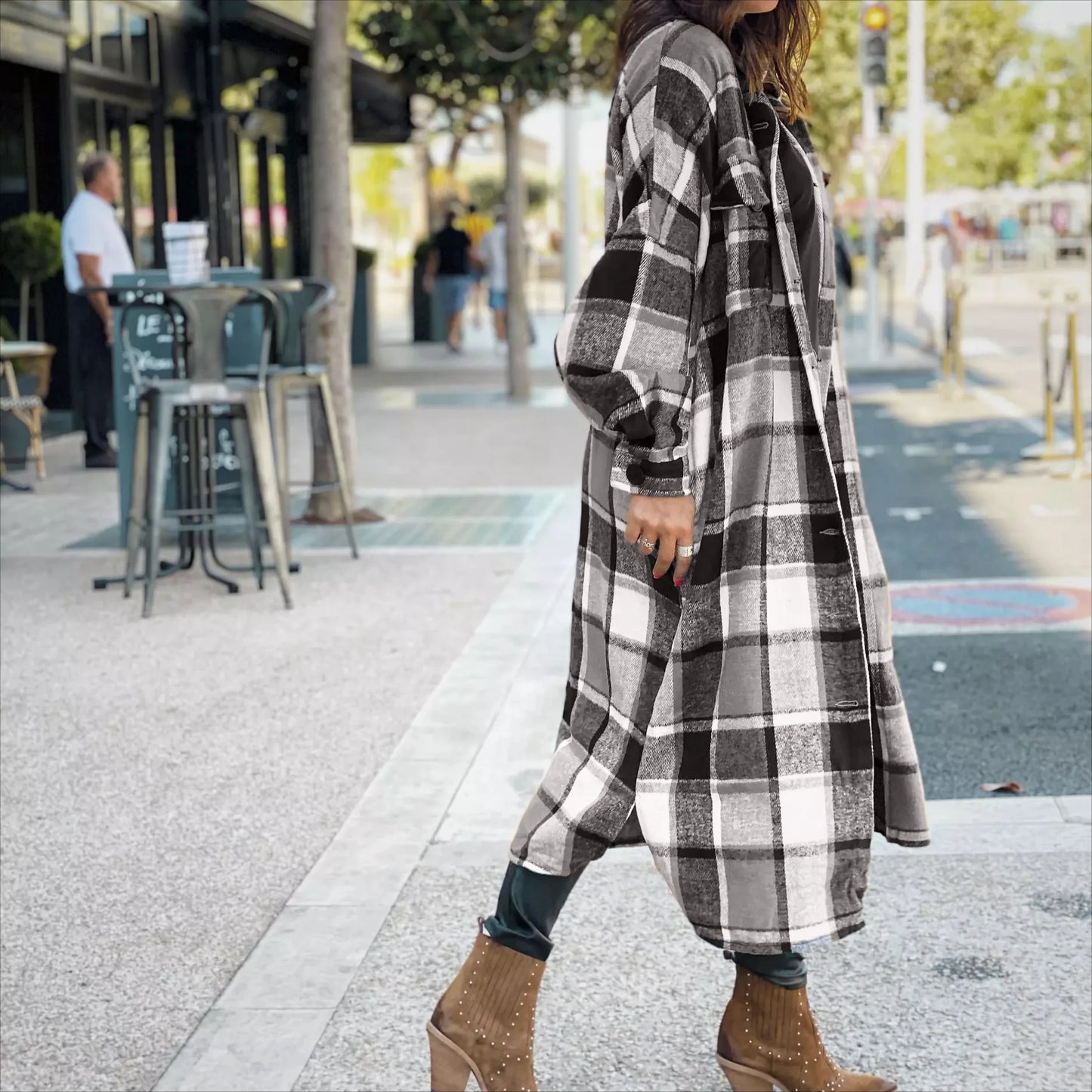 Women Coat Plaid Print Long Maxi Button Coats
