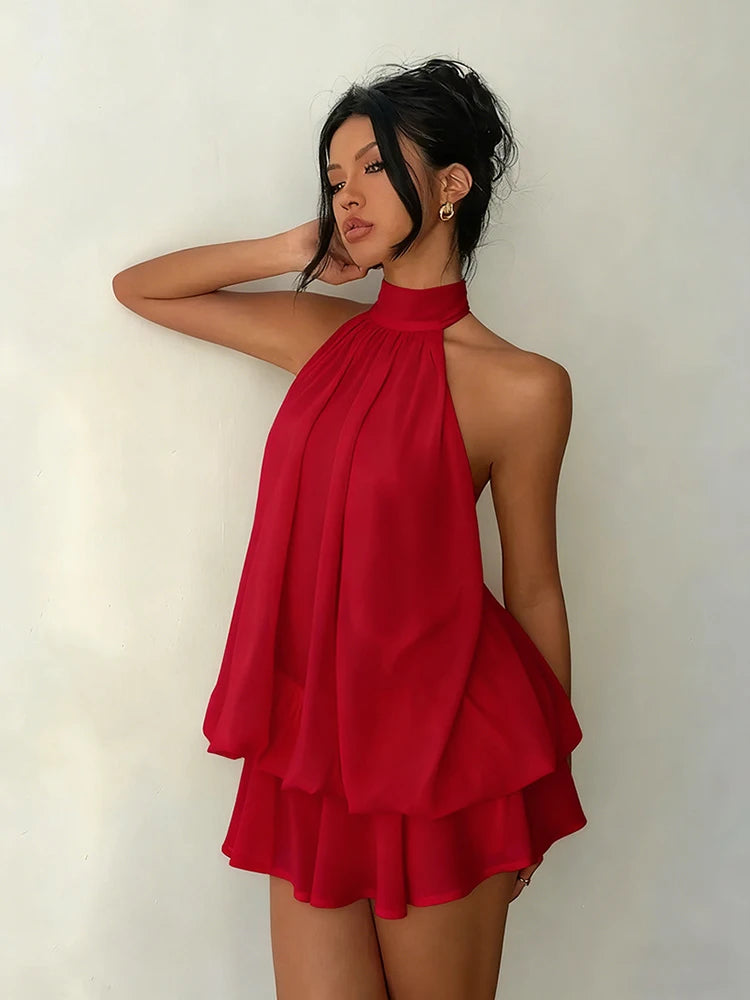 Halter Neck Backless Tie Mini Dress