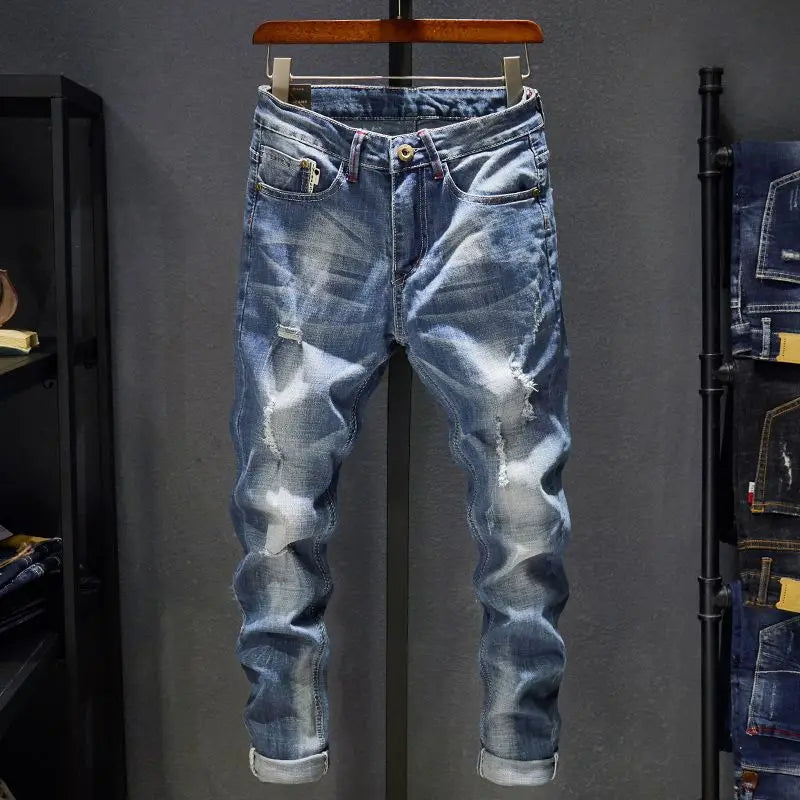 Elastic Straight Jeans Men Ripped Worn-out Slim-fit