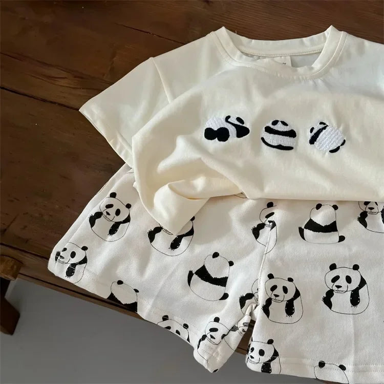 Children's Clothing Sets Panda Embroidered Short Sleeve Top + Panda Print Shorts Baby Girl Clothes for 2 To 7years Outfit Set