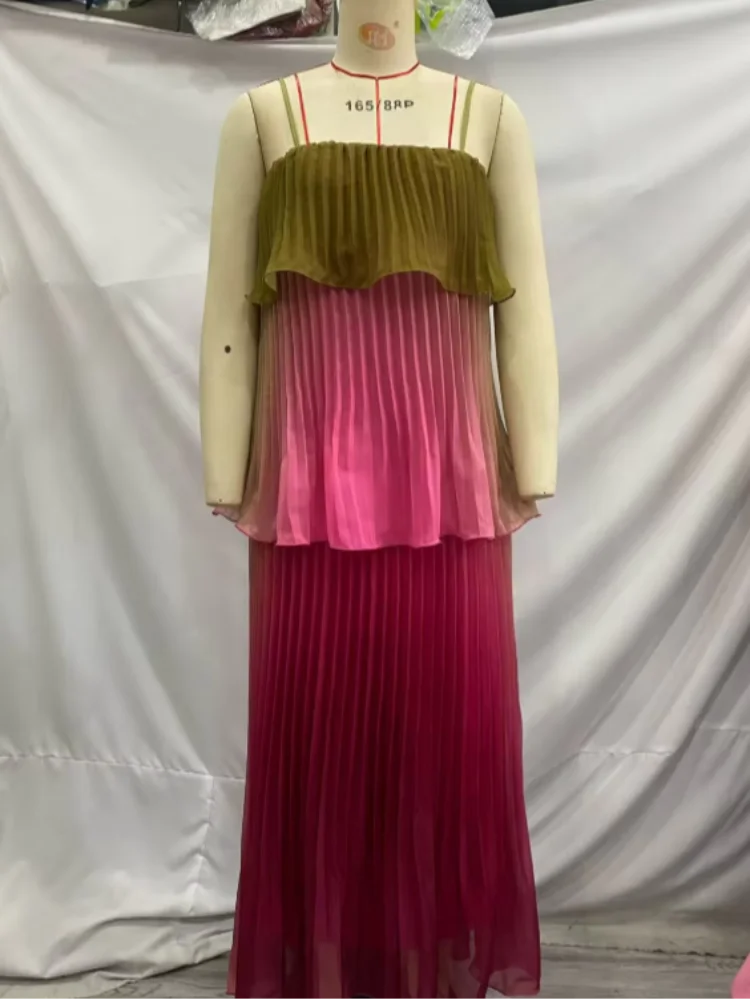 Multicolored Pleated  Maxi Dress  Spaghetti Strap Ruffle Tiered Flowy