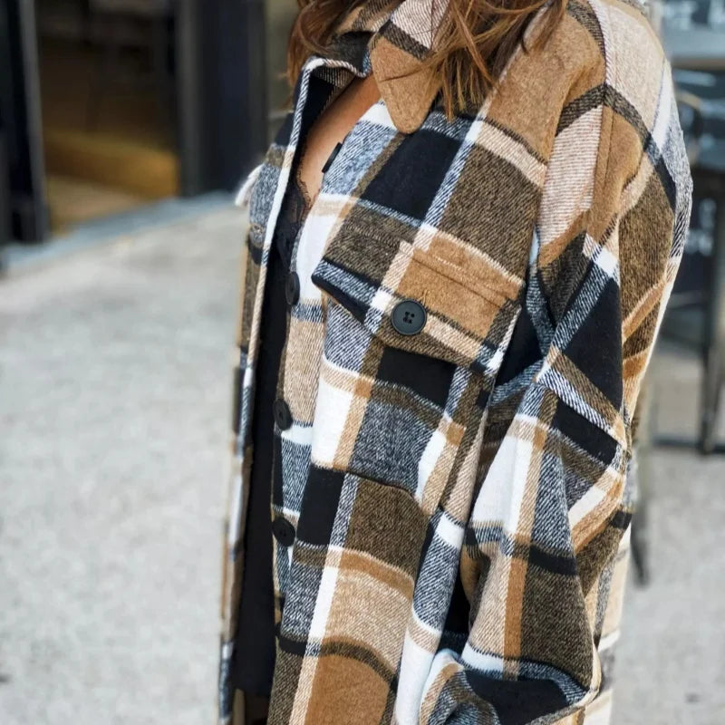 Women Coat Plaid Print Long Maxi Button Coats