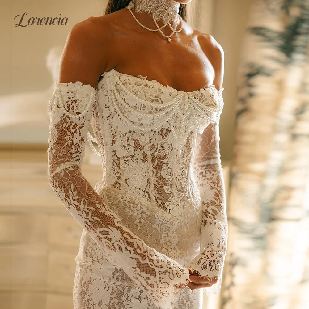 Long Sleeves Lace Wedding Dresses with Choker Pearls Baeding Basque Waist