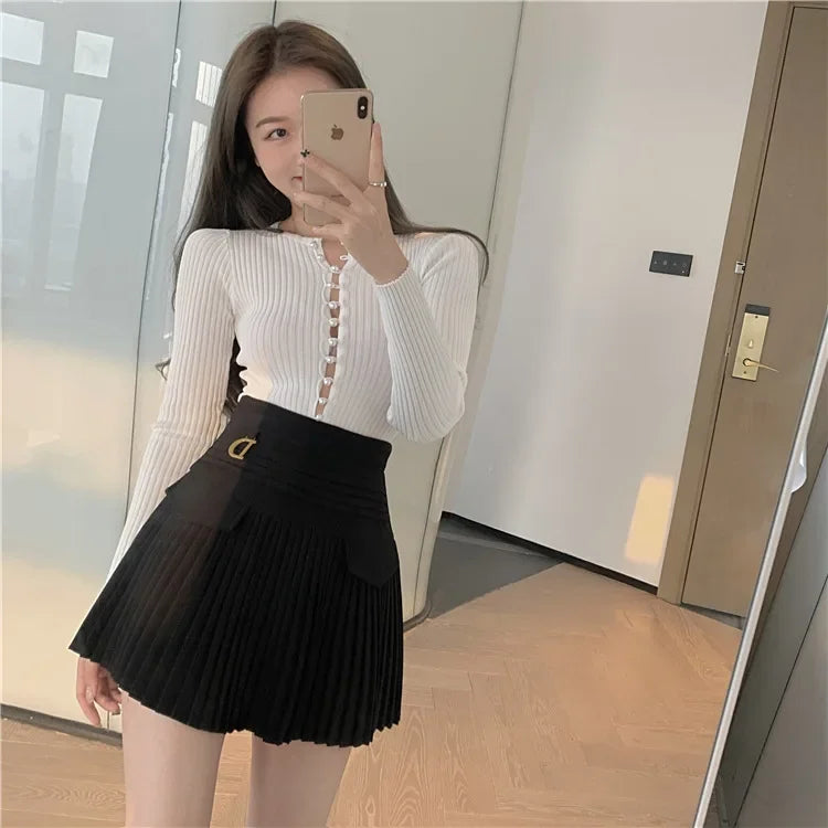 White Pleated Skirts High Waist Mini Metal Letter D A-Line