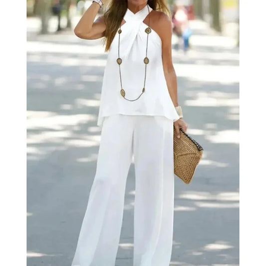 Women Two-Piece Set Halter Sleeveless V-Neck Top & High Waist Pants