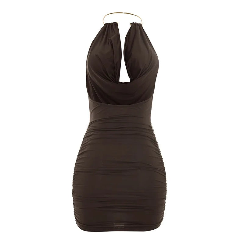 Metal Ring Halter Dress Cowl Neck Bodycon