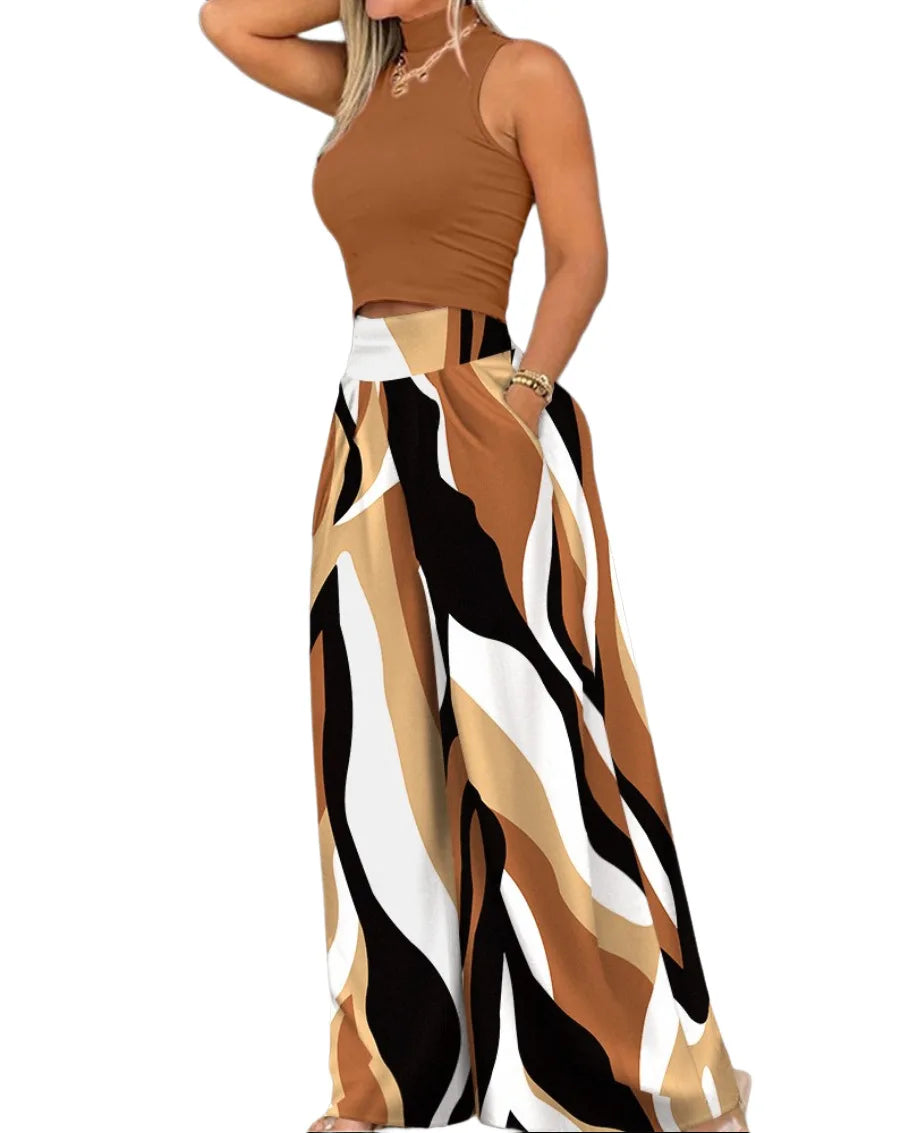 Print Two-piece Set, Smooth Sleeveless T-shirt, Wide Leg Pants