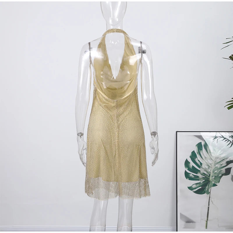 Diamond Halter Backless V Neck Dress