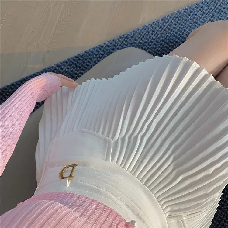 White Pleated Skirts High Waist Mini Metal Letter D A-Line