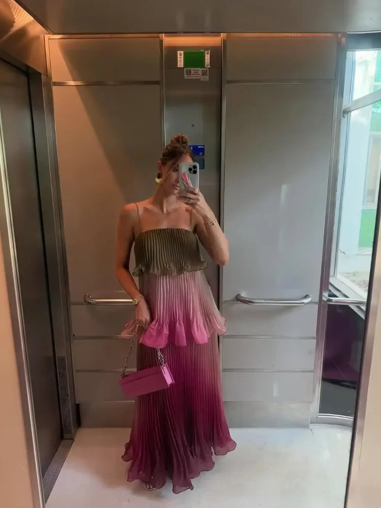 Multicolored Pleated  Maxi Dress  Spaghetti Strap Ruffle Tiered Flowy