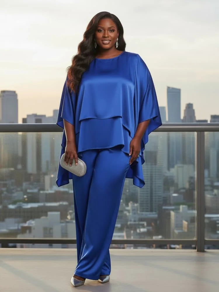 Plus Size Round Neck Cape Sleeve Top + Wide Leg Pants Suit For Women Formal Banquet Evening Party Two Piece Matching Outfit