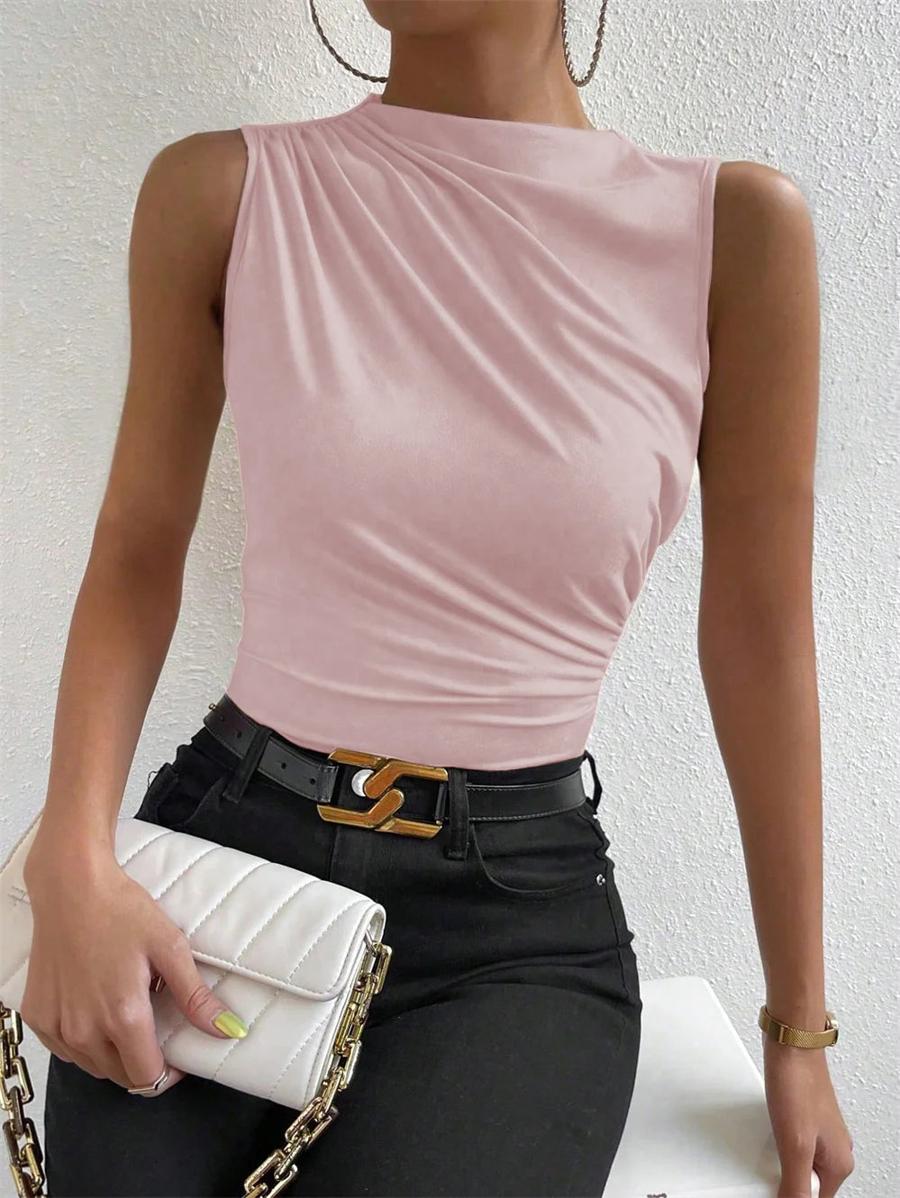 Mock Neck Ruched Tank Top for Women Summer 2024 Solid Color Pleated Sleeveless Tee Shirt Tshirt Streetwear Y2K