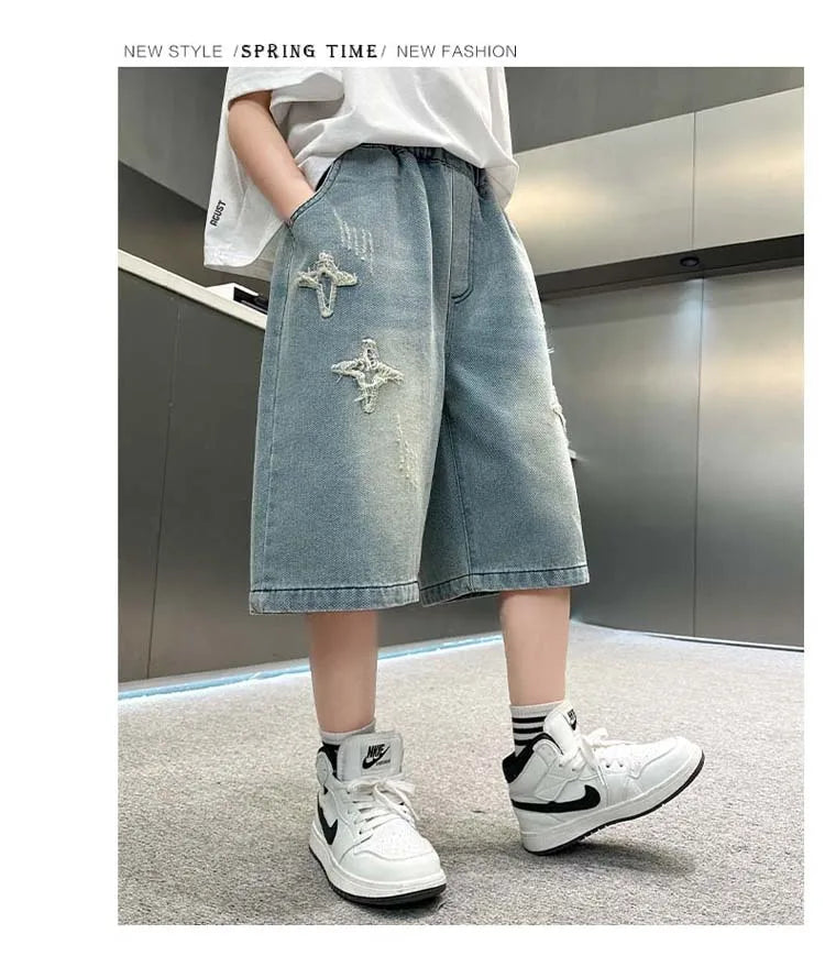 Boys Denim Shorts with Star Pattern