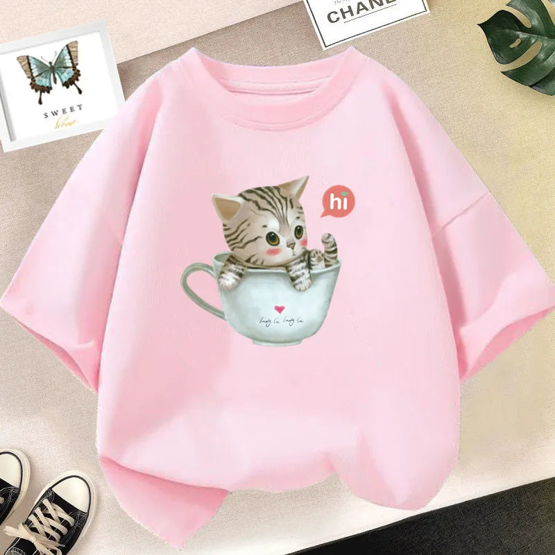 Cat Girls T Shirt Clothes Girls Animal Children T-Shirt Kids Summer Cat Lively Cute Funny Baby T Shirts Tops 2023
