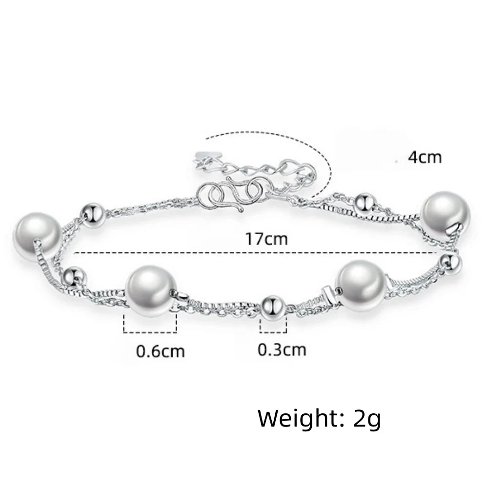 925 Sterling Silver Bracelet Double Chain Pearl Beads