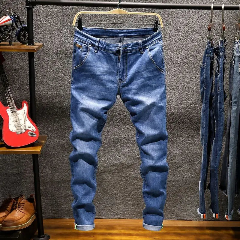 Elastic Straight Jeans Men Ripped Worn-out Slim-fit