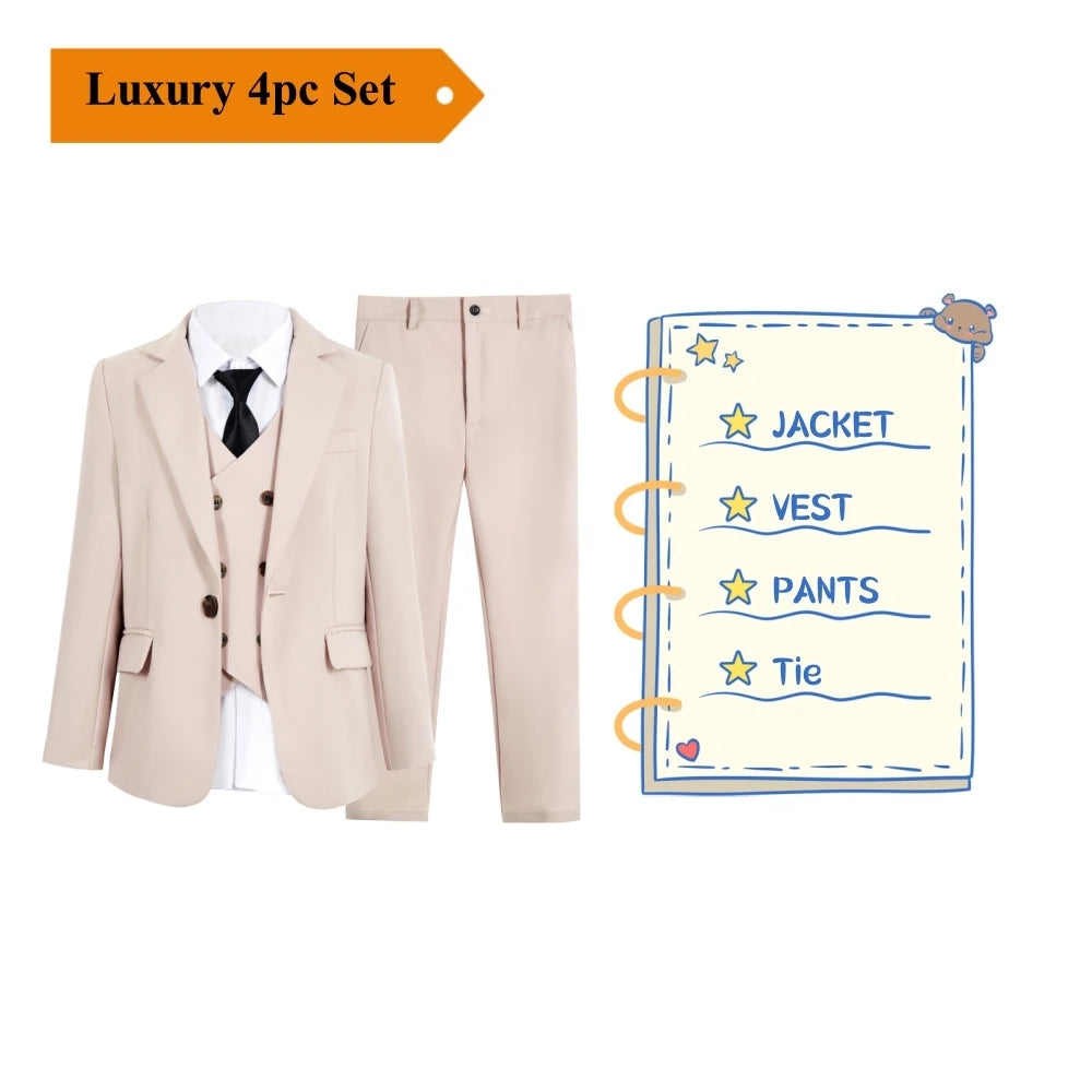 Beige Boy's Formal Suit Set, 4 Pieces Regular Fit Kids Smart Prom Suits, Jacket Vest Pants Tie Classy Solid Tuxedo For Wedding