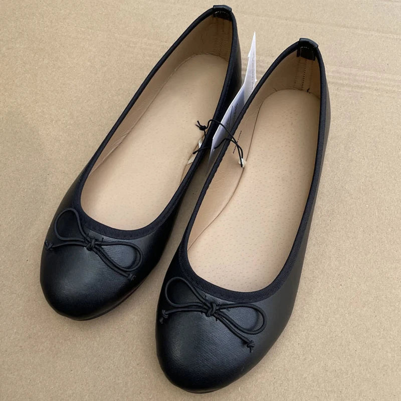 Bowknot Ballet Flats Classic Shoe Round Toe Comfort Slip-On Ladies Fashion Loafers Leather Mules Shoes