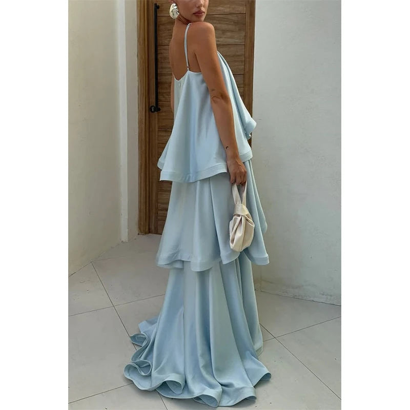 Multicolored Pleated  Maxi Dress  Spaghetti Strap Ruffle Tiered Flowy