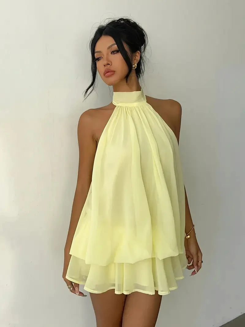 Halter Neck Backless Tie Mini Dress