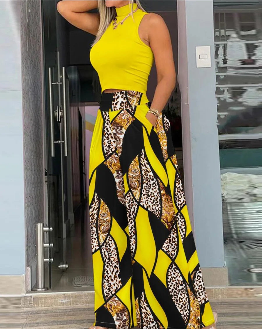 Print Two-piece Set, Smooth Sleeveless T-shirt, Wide Leg Pants