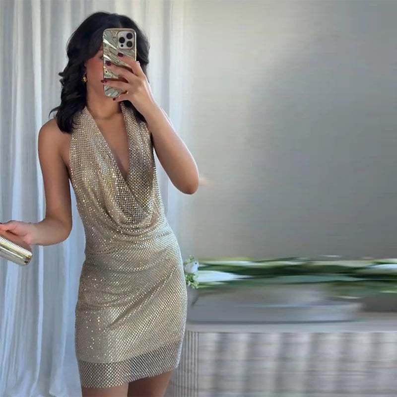 Diamond Halter Backless V Neck Dress