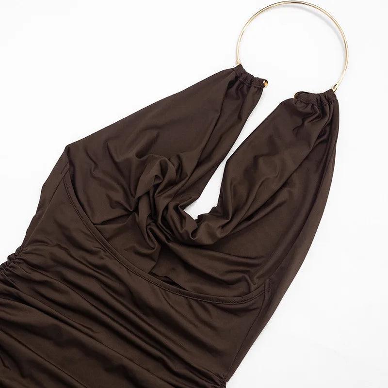 Metal Ring Halter Dress Cowl Neck Bodycon