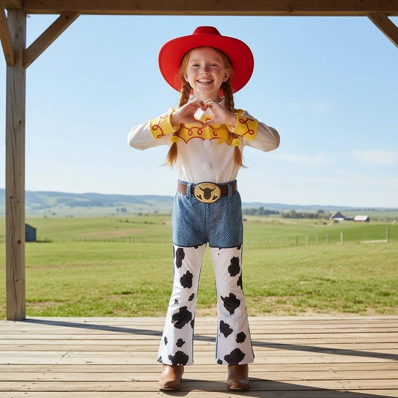 2026 Jessie Cowgirl Costume 2 Piece Set Sleeve shirt Cow Print Flared Pants Kids Cosplay Outfit