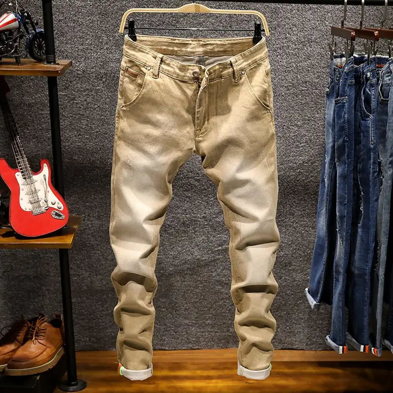 Elastic Straight Jeans Men Ripped Worn-out Slim-fit